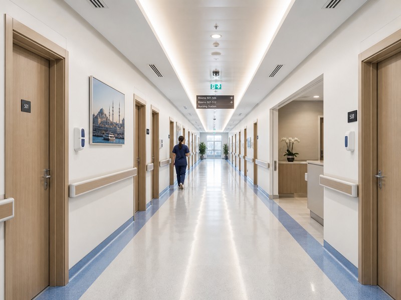Clean modern hospital corridor in Istanbul showing professional medical environment for gastric sleeve surgery